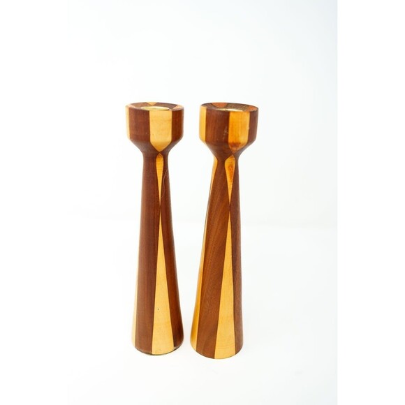 Set of 2 Vintage MCM two-tone wood Candlesticks pair 9.25" Mid-century Danish - Picture 1 of 6